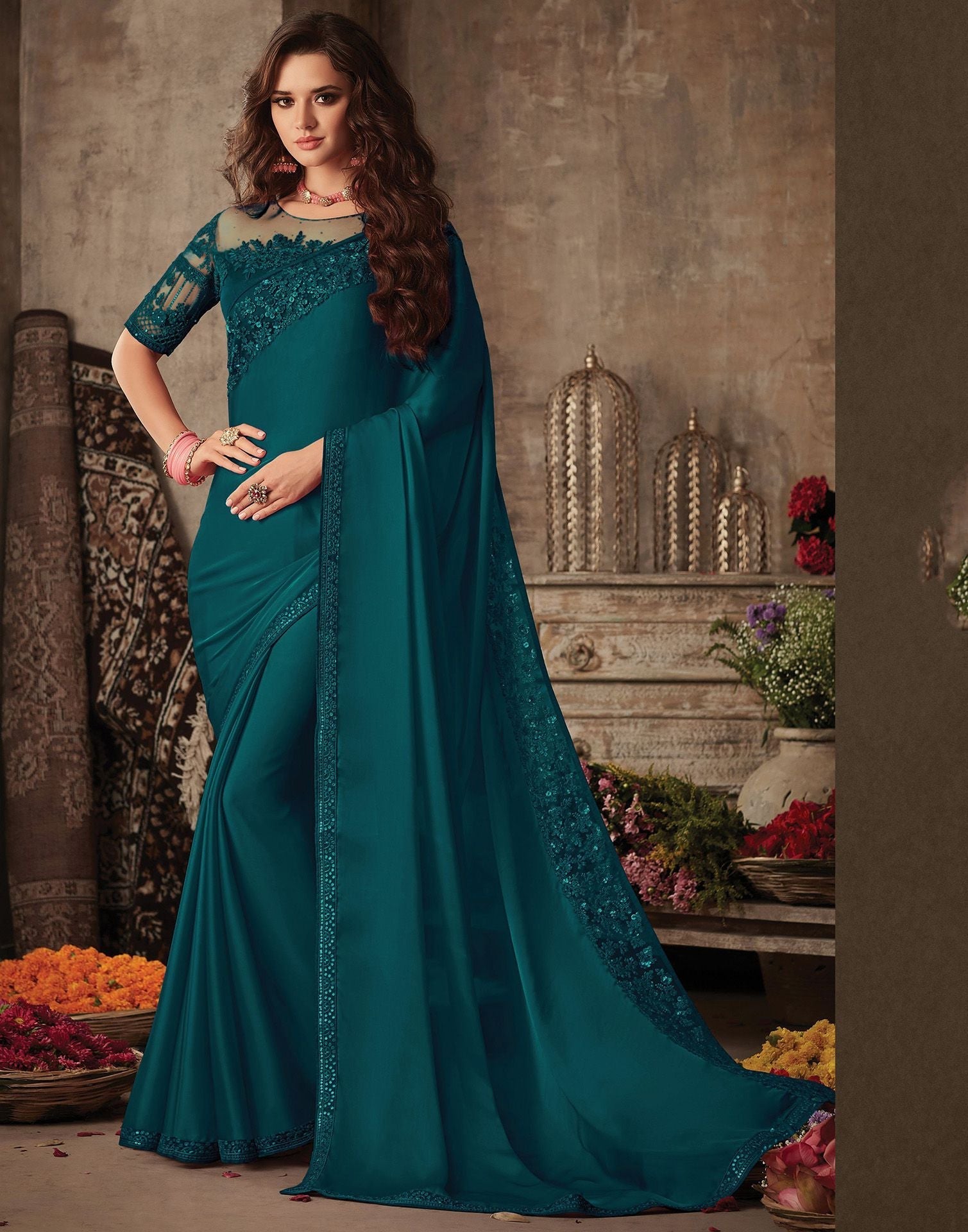 Teal Blue Silk Plain Embroidery Saree | Leemboodi