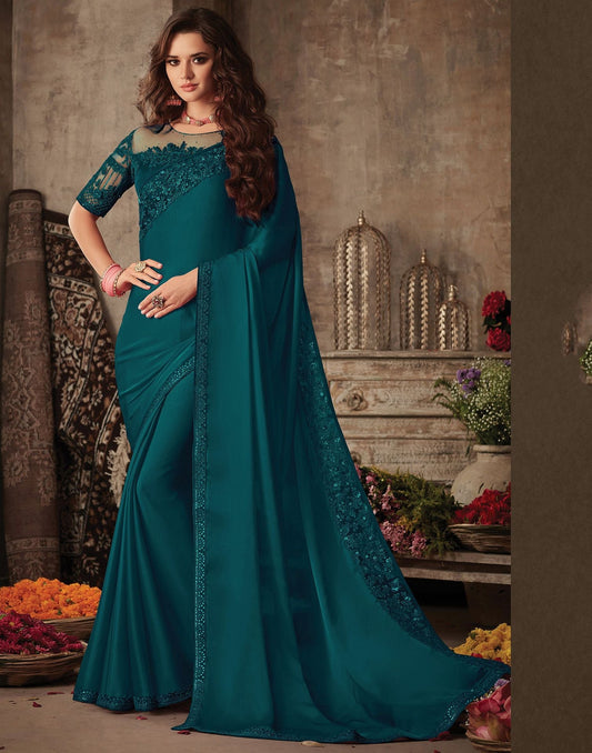 Teal Blue Silk Plain Embroidery Saree | Leemboodi