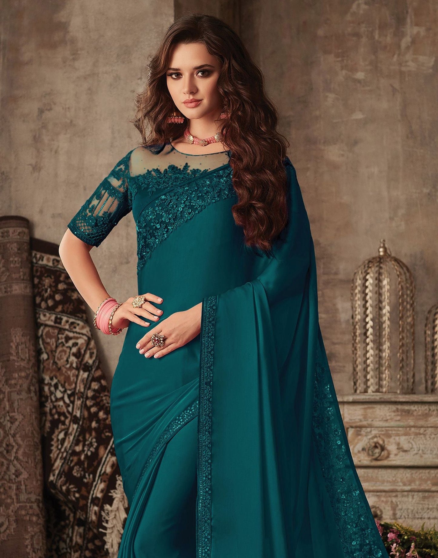 Teal Blue Silk Plain Embroidery Saree | Leemboodi