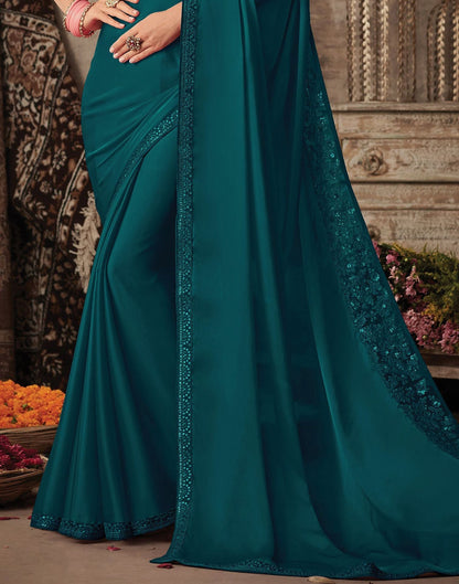 Teal Blue Silk Plain Embroidery Saree | Leemboodi