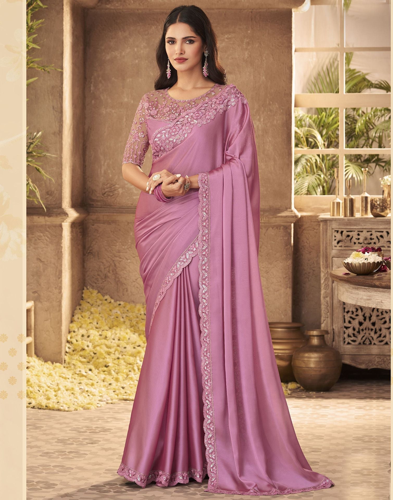 Light Pink Georgette Plain Embroidery Saree | Leemboodi