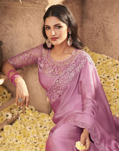 Light Pink Georgette Plain Embroidery Saree | Leemboodi