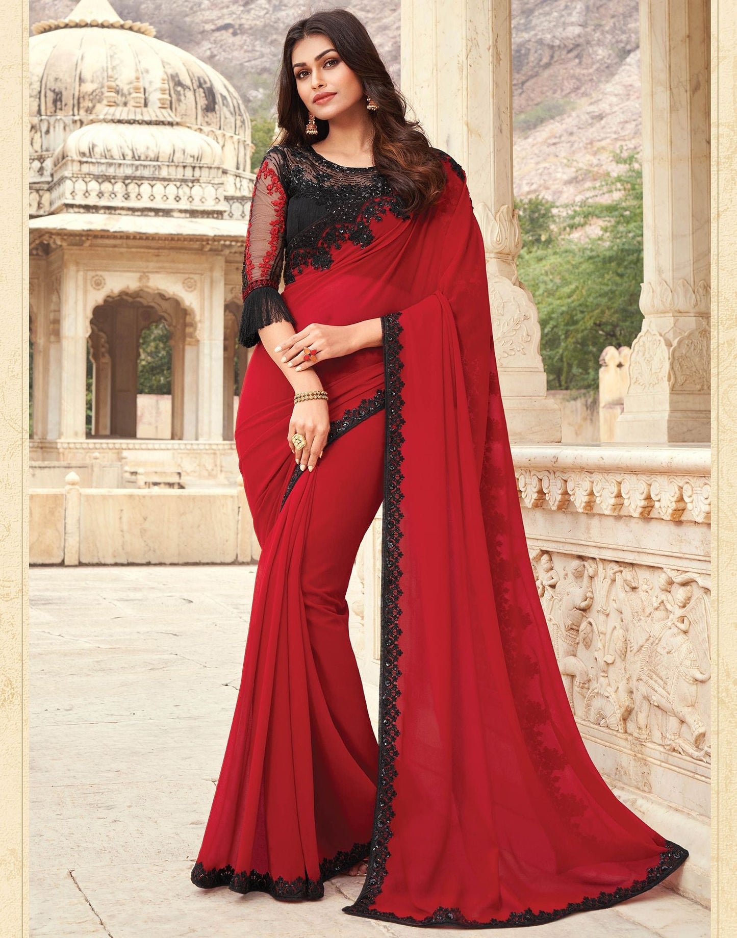 Red Georgette Plain Embroidery Saree | Leemboodi