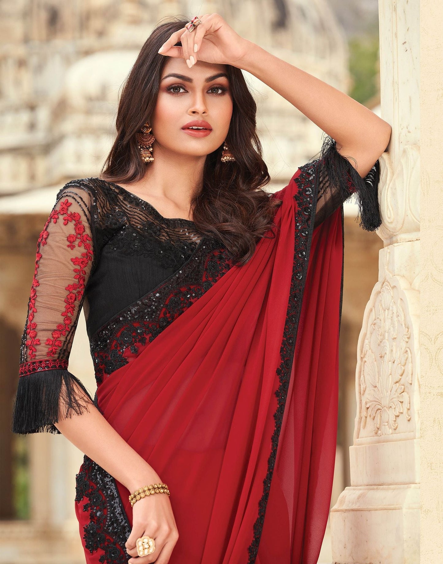 Red Georgette Plain Embroidery Saree | Leemboodi