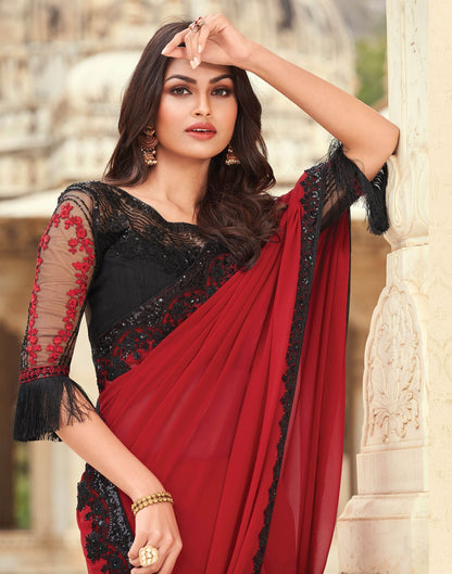 Red Georgette Plain Embroidery Saree | Leemboodi