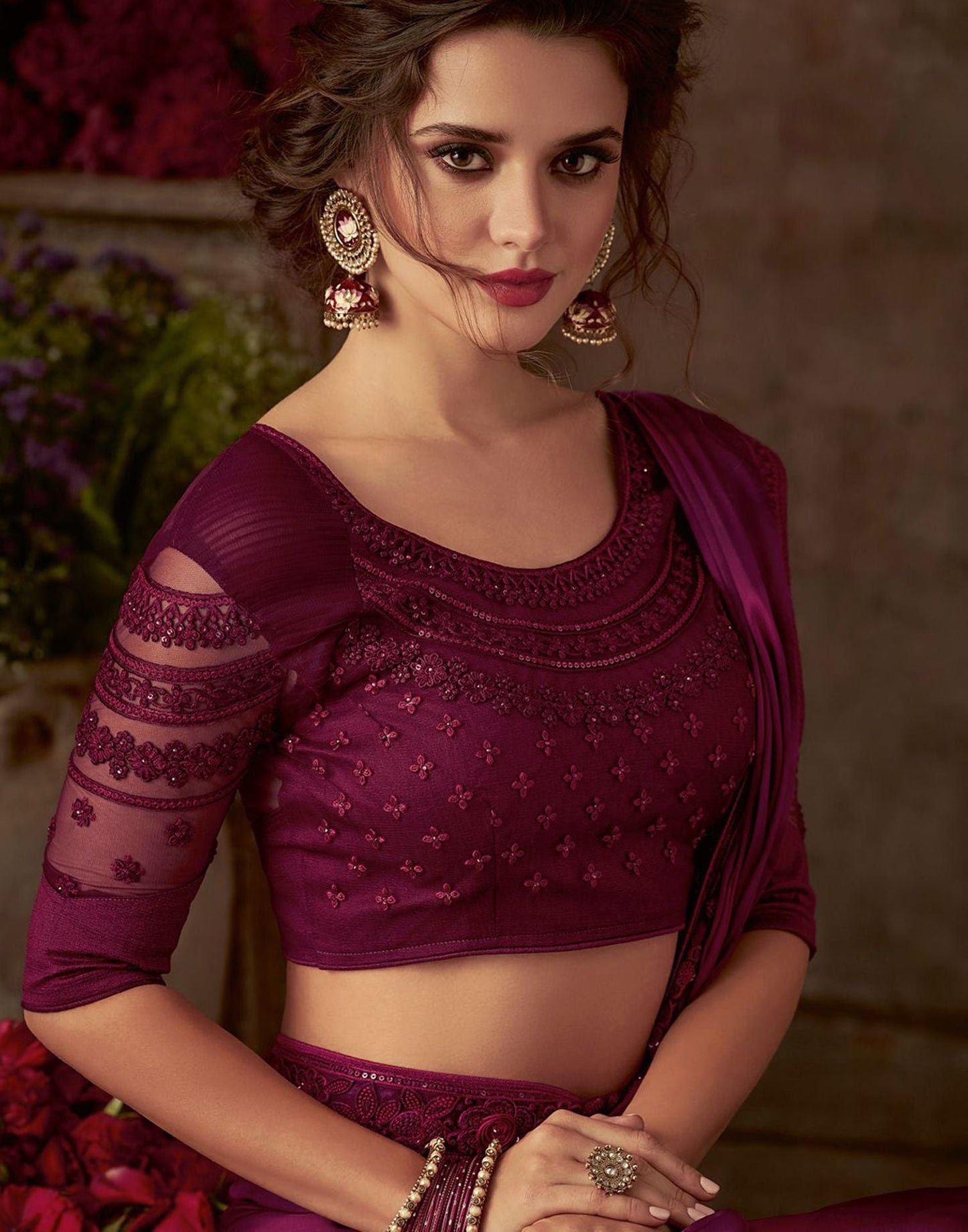 Wine Georgette Printed Embroidery Saree | Leemboodi