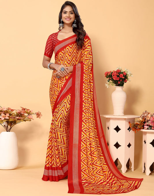 Red Chiffon Printed Saree