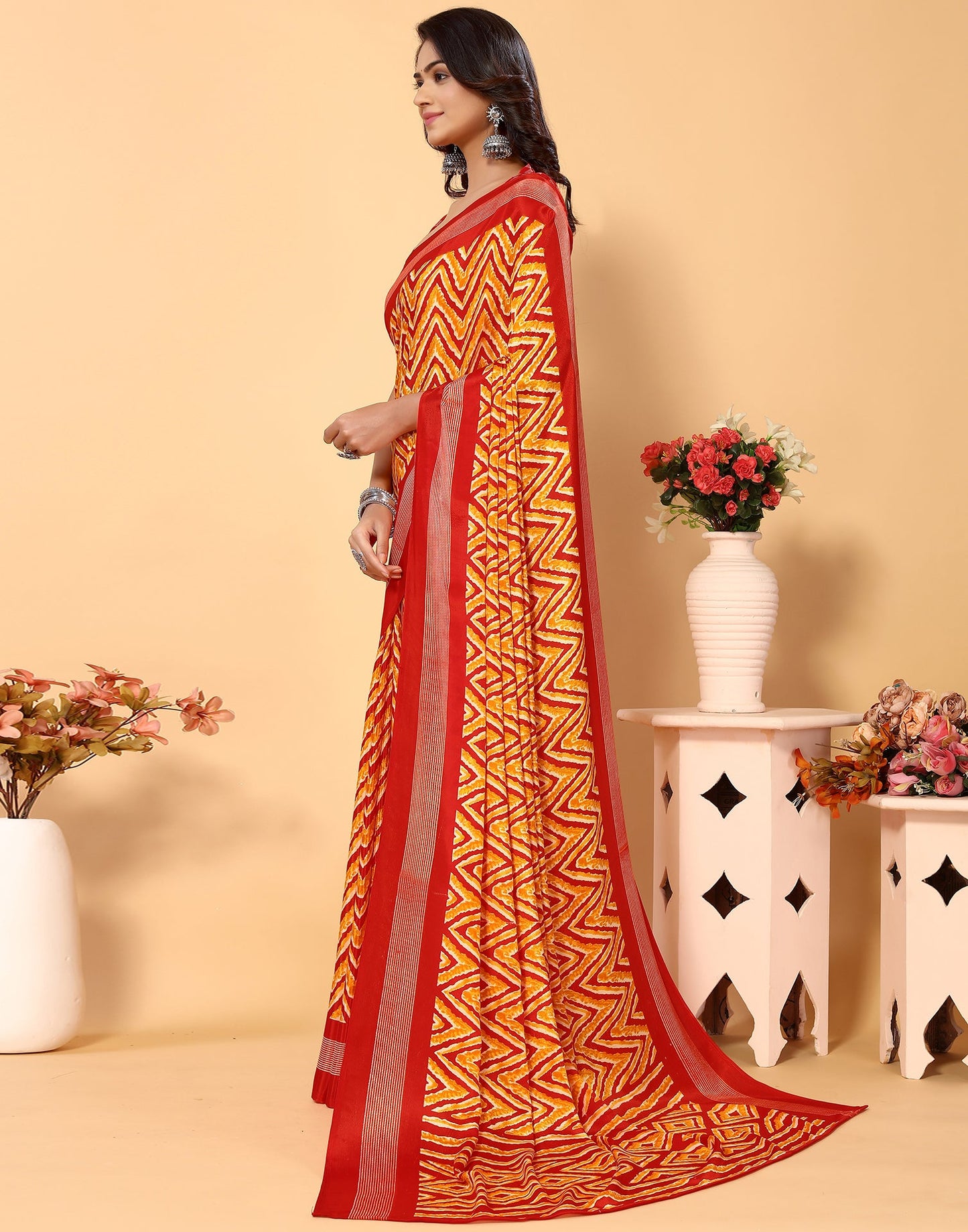 Red Chiffon Printed Saree