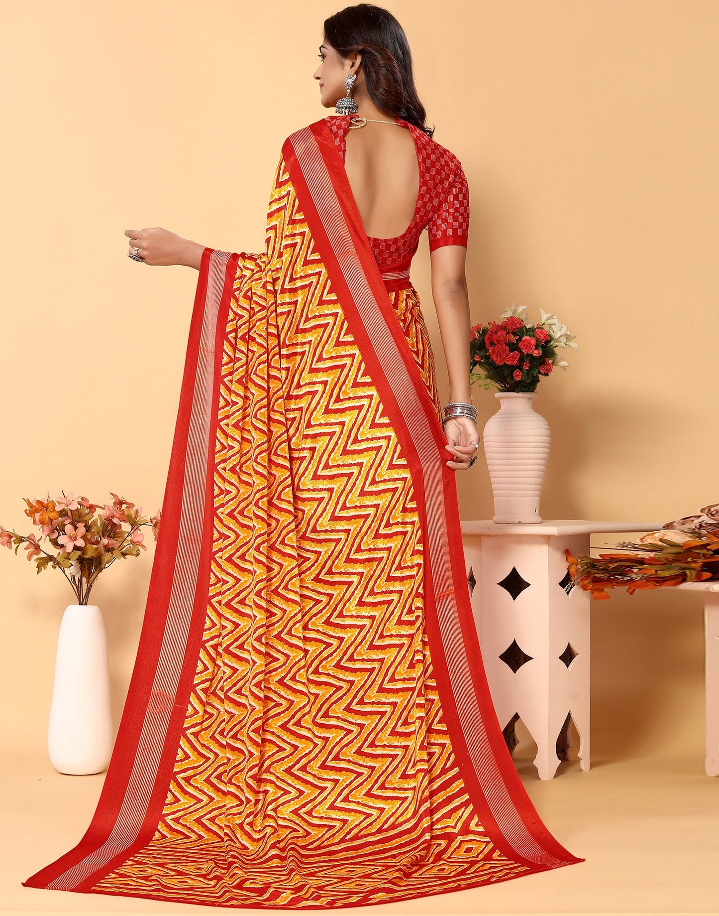Red Chiffon Printed Saree