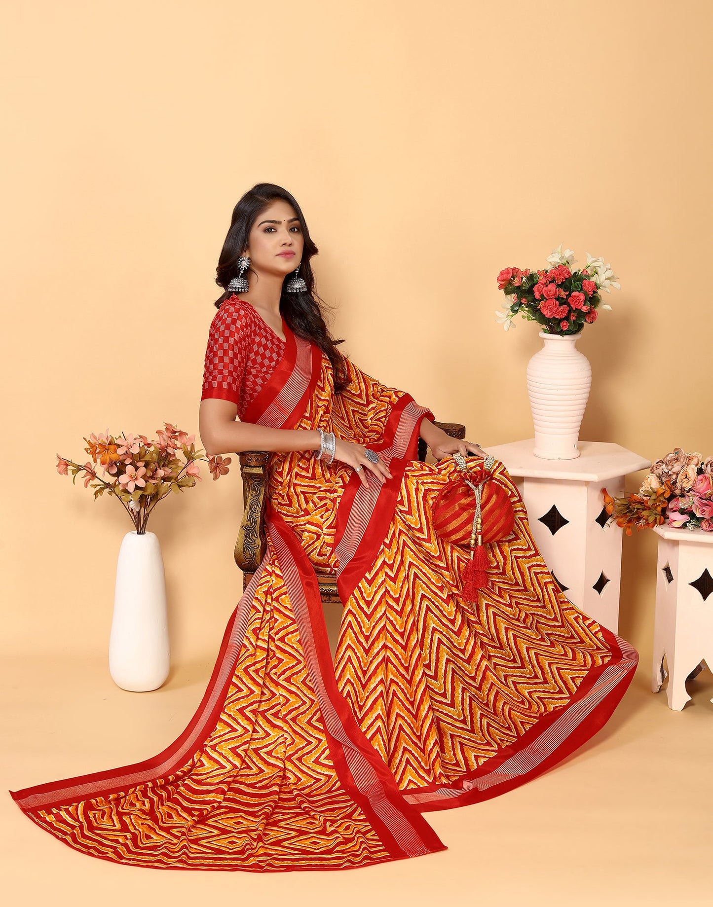 Red Chiffon Printed Saree
