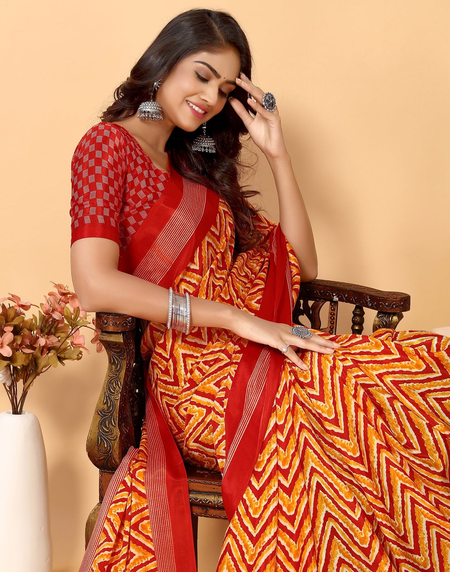 Red Chiffon Printed Saree