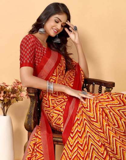 Red Chiffon Printed Saree
