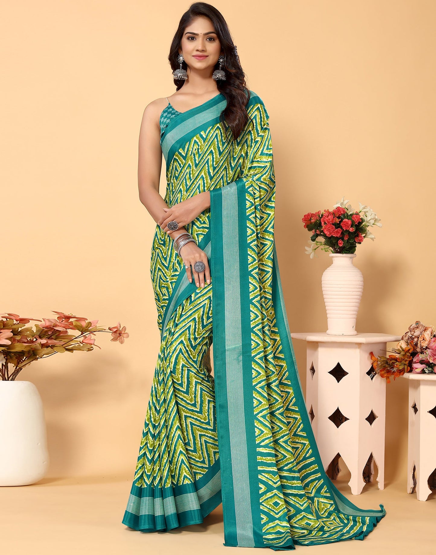 Green Chiffon Printed Saree