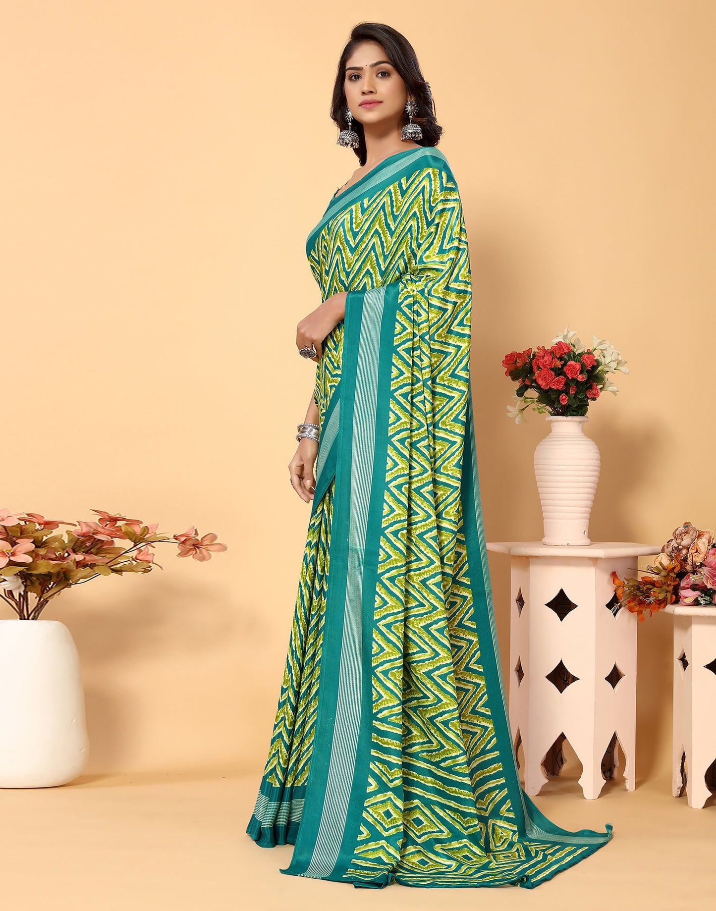 Green Chiffon Printed Saree