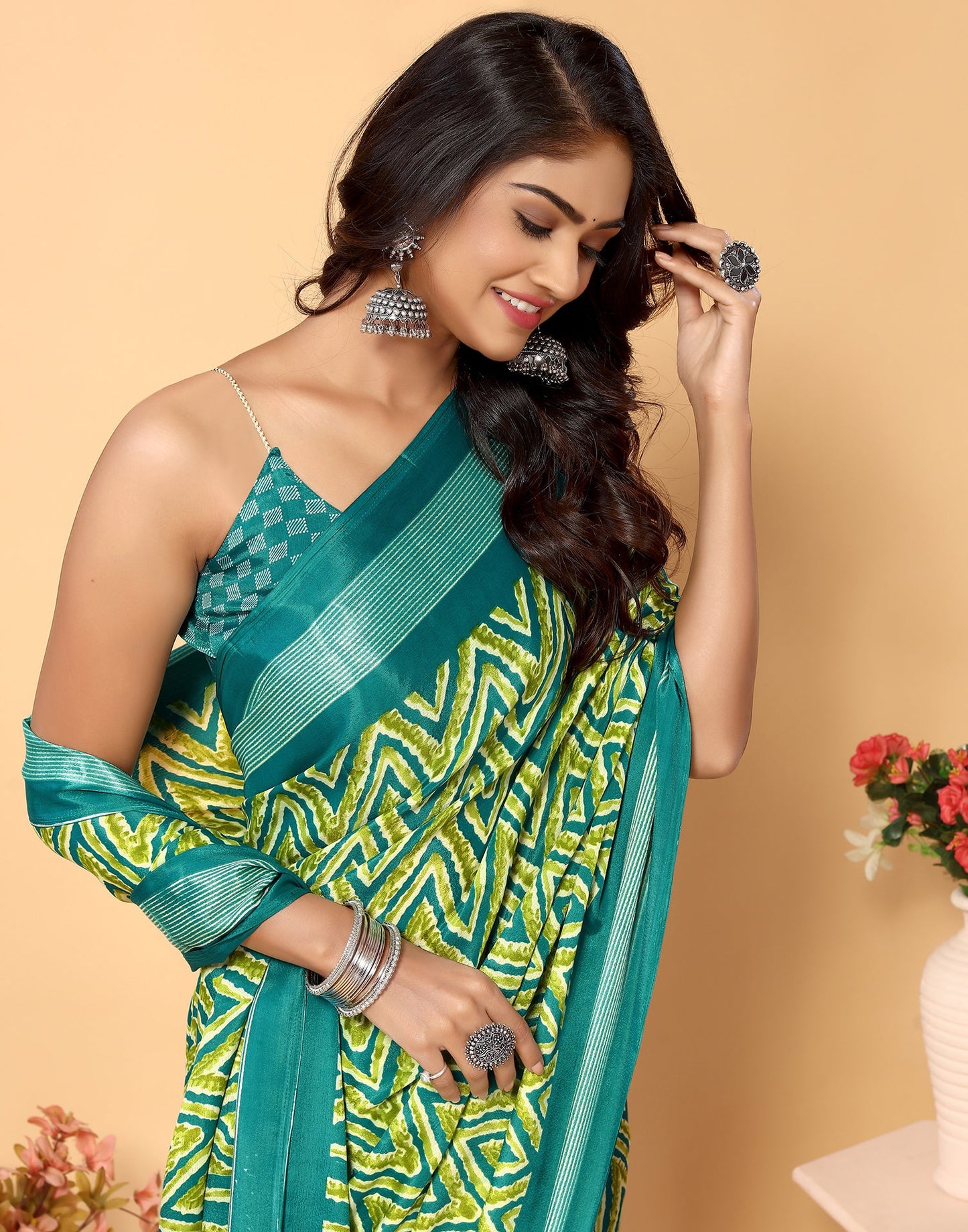 Green Chiffon Printed Saree