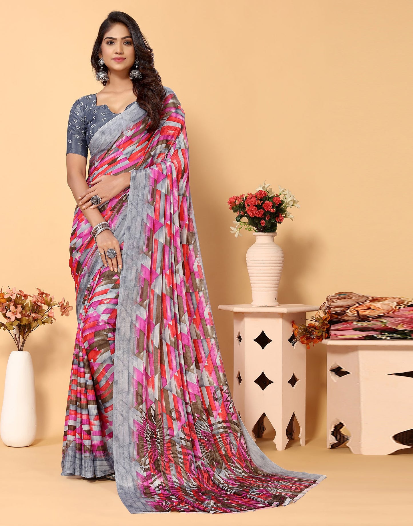 Grey Chiffon Printed Saree