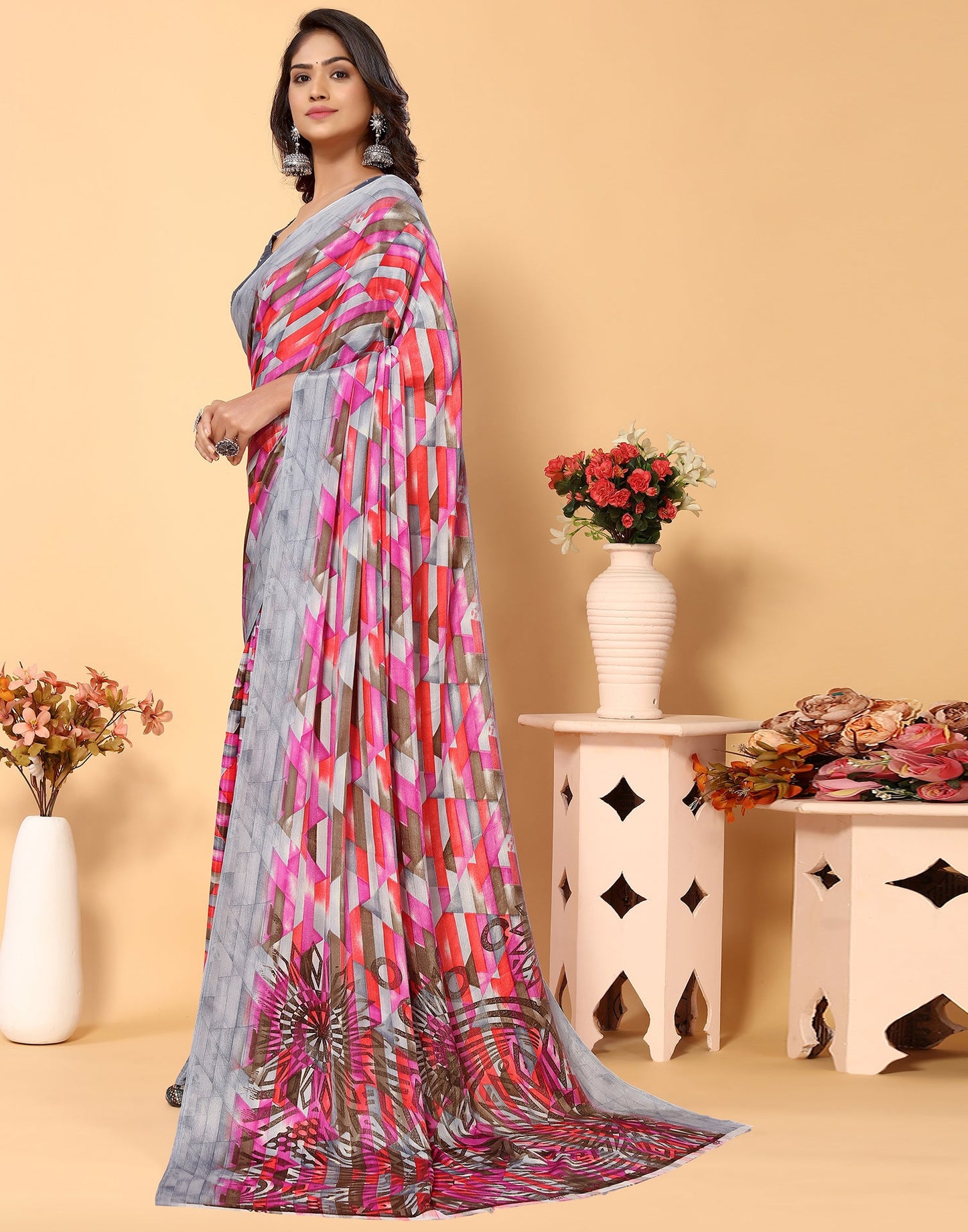 Grey Chiffon Printed Saree