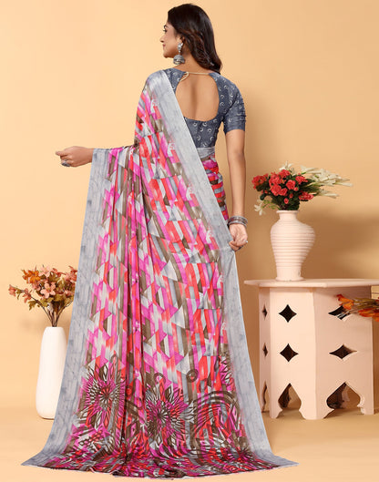 Grey Chiffon Printed Saree