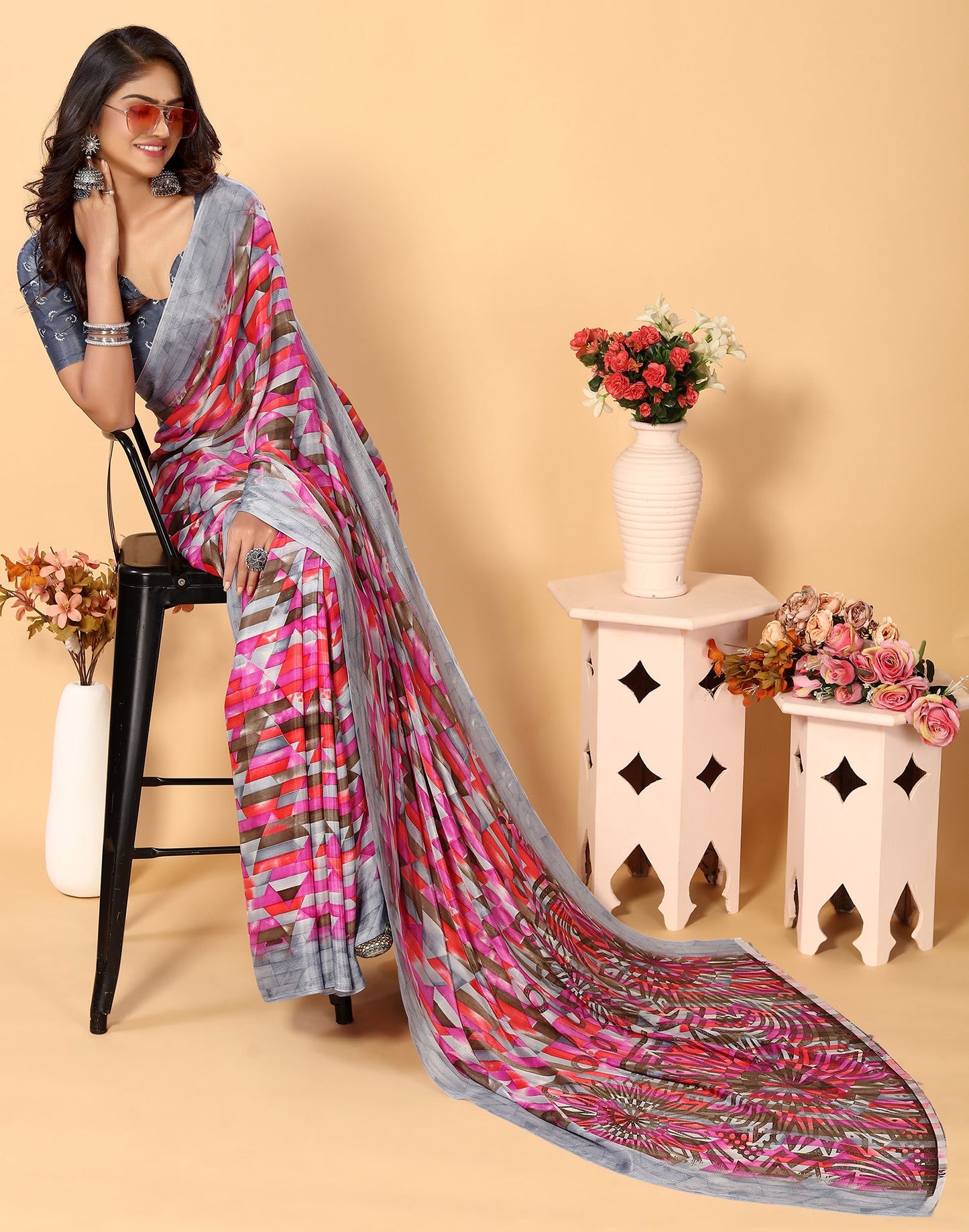 Grey Chiffon Printed Saree