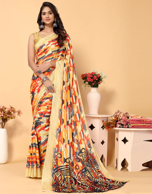 Beige Chiffon Printed Saree