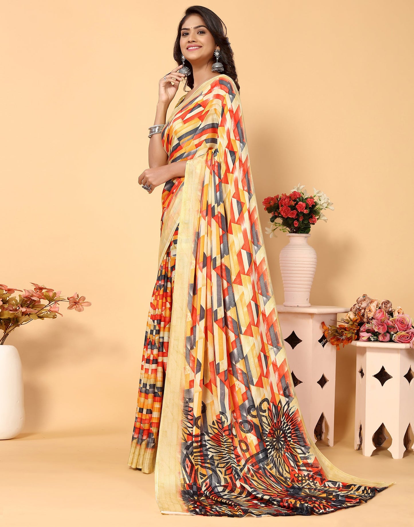 Beige Chiffon Printed Saree