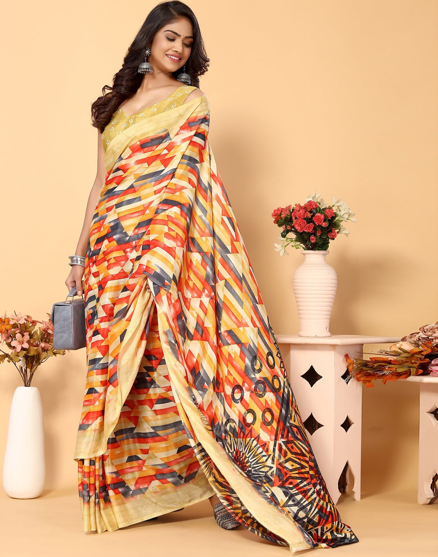 Beige Chiffon Printed Saree