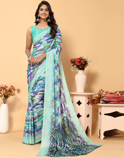 Turquoise Chiffon Printed Saree
