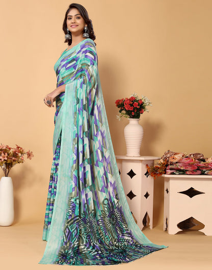 Turquoise Chiffon Printed Saree