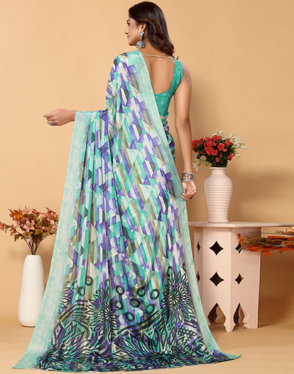Turquoise Chiffon Printed Saree
