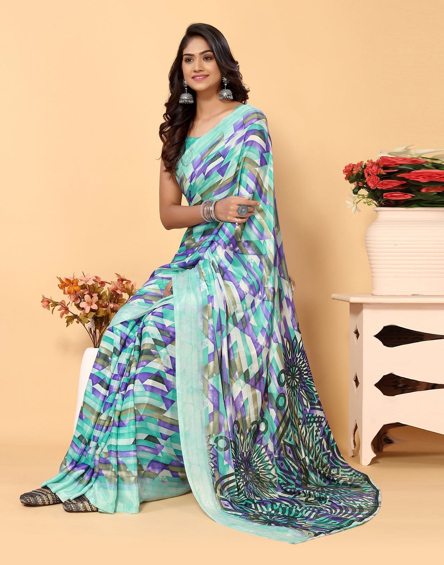 Turquoise Chiffon Printed Saree