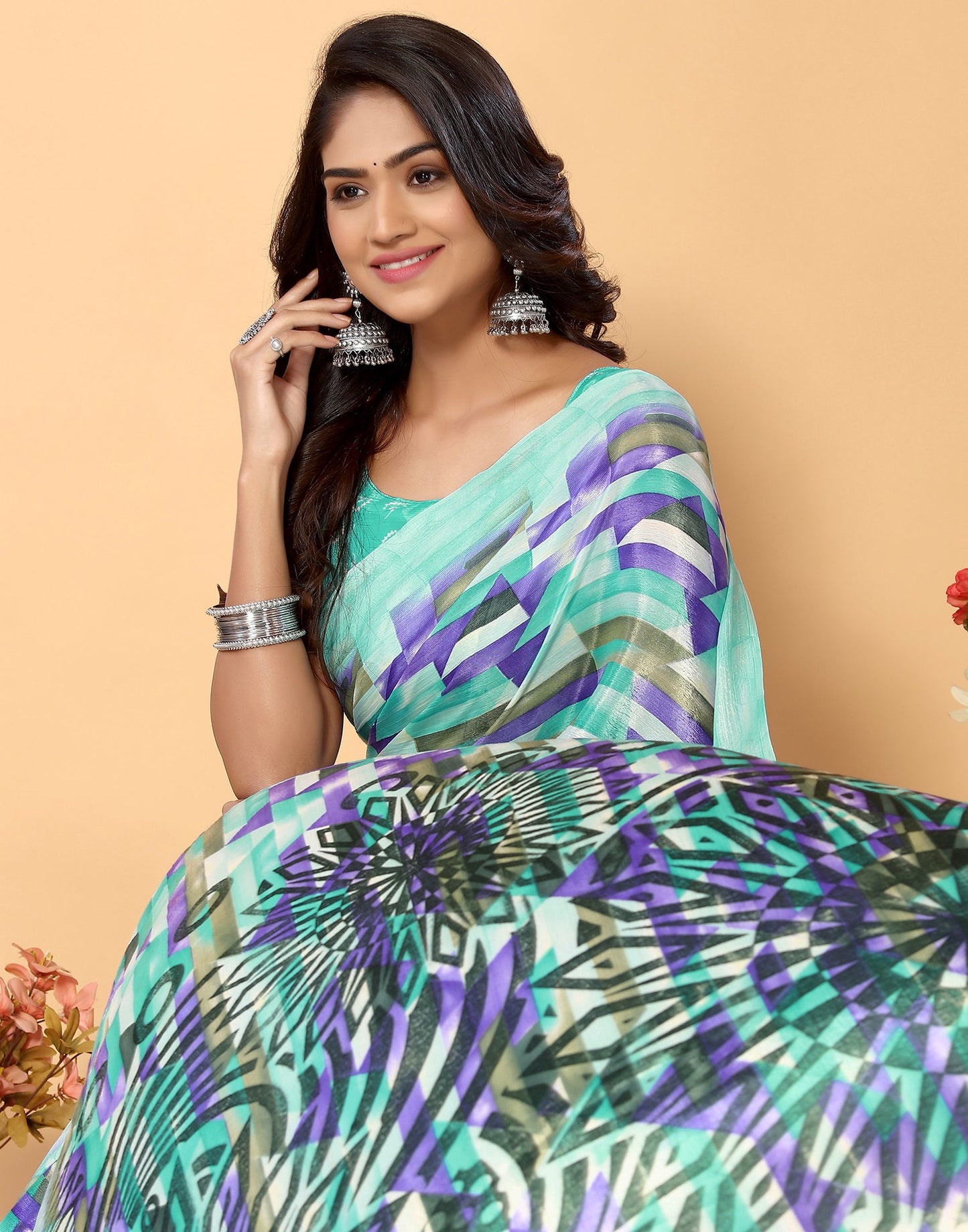 Turquoise Chiffon Printed Saree