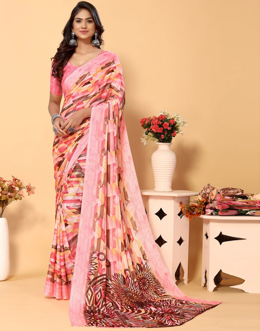 Light Pink Chiffon Printed Saree