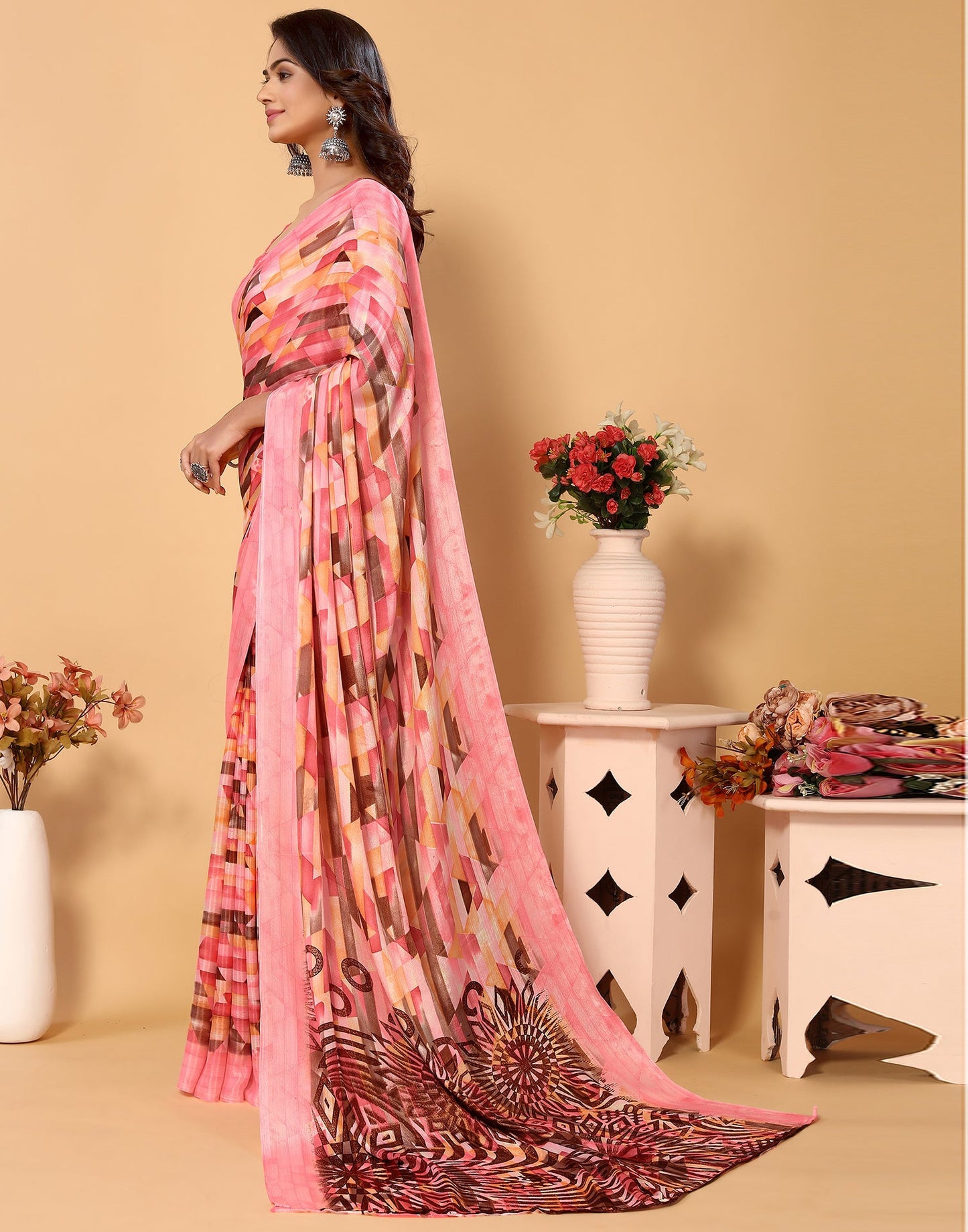 Light Pink Chiffon Printed Saree