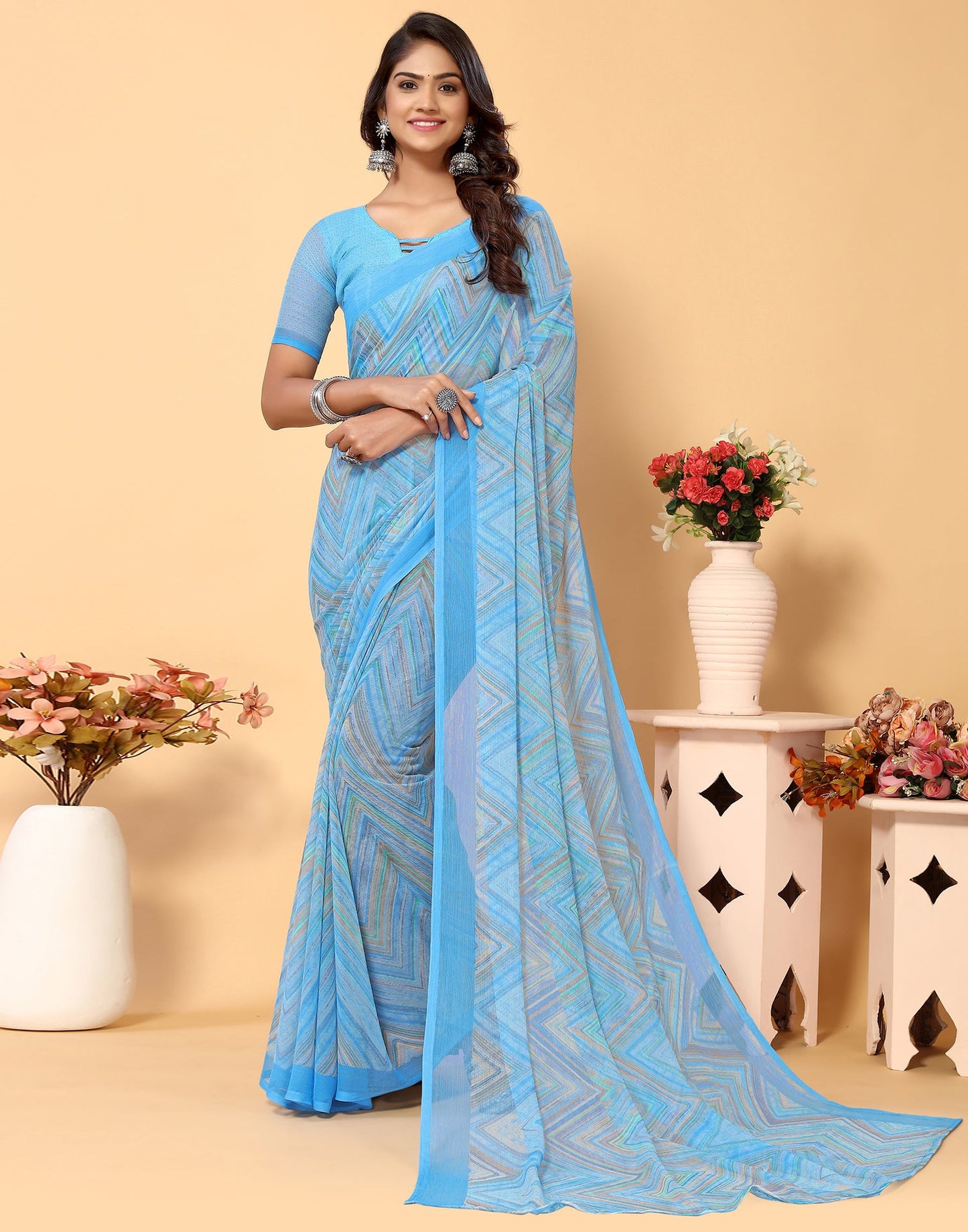 Light Blue Chiffon Printed Saree