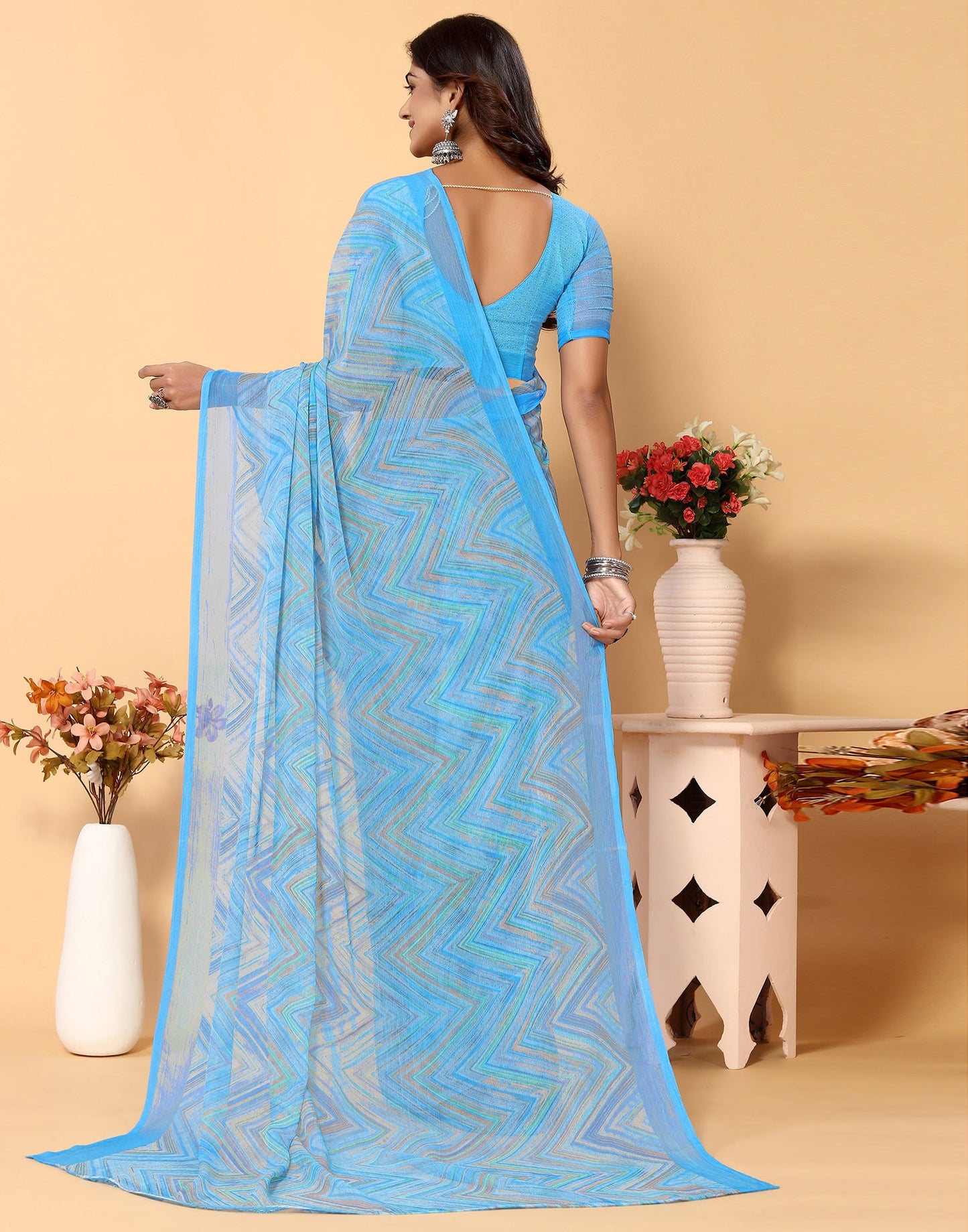 Light Blue Chiffon Printed Saree