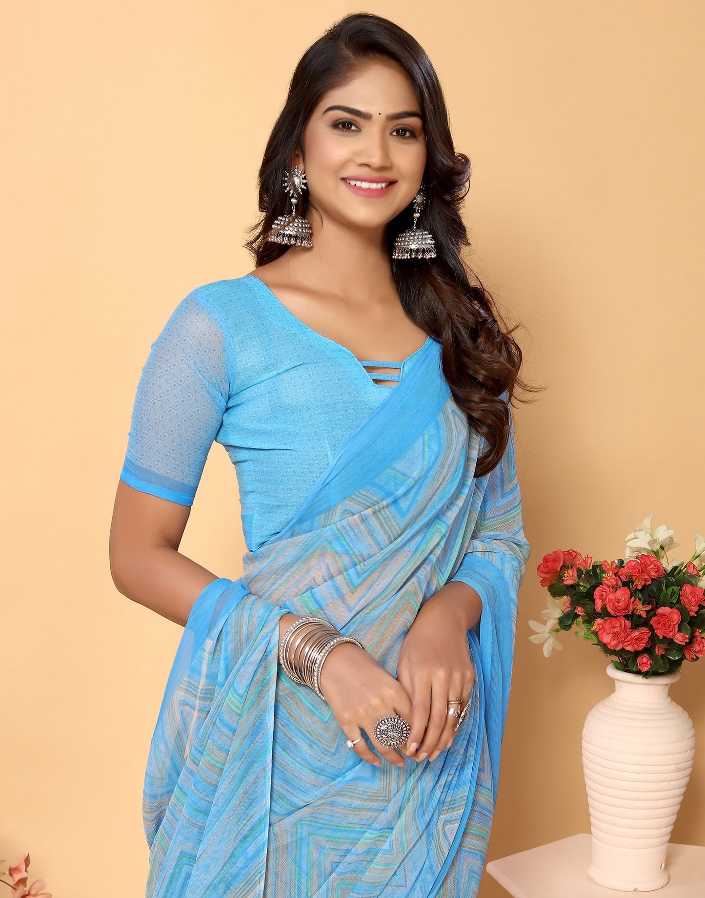 Light Blue Chiffon Printed Saree