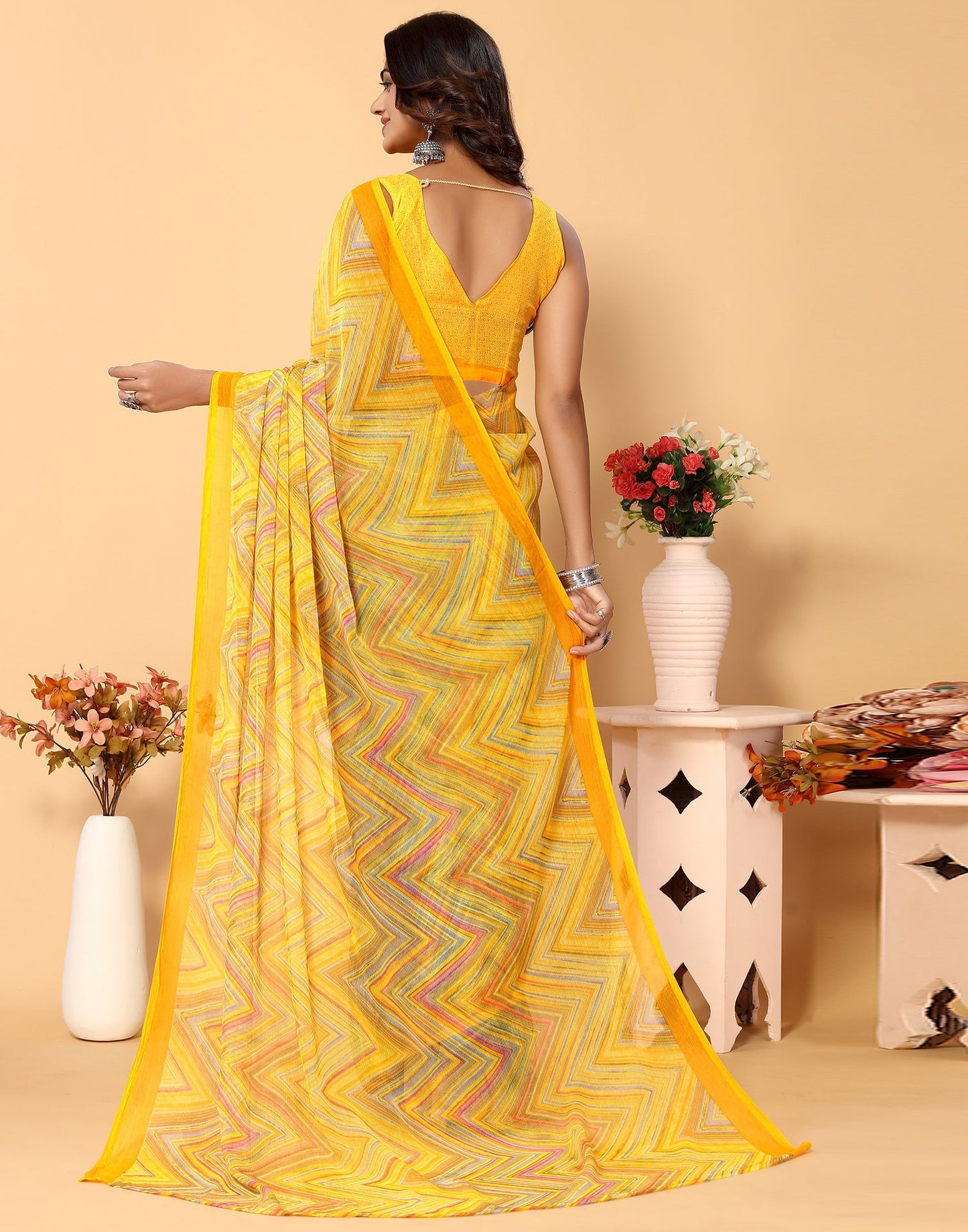 Turmeric Yellow Chiffon Printed Saree