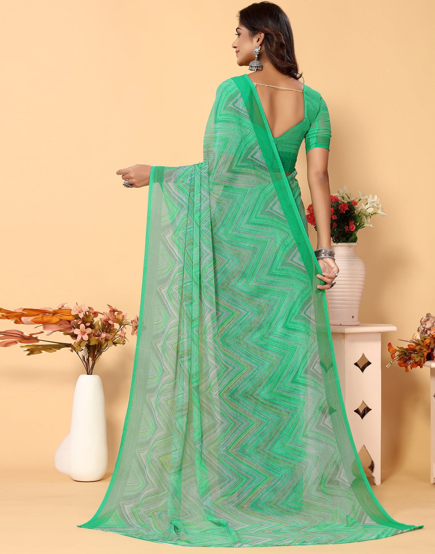 Green Chiffon Printed Saree