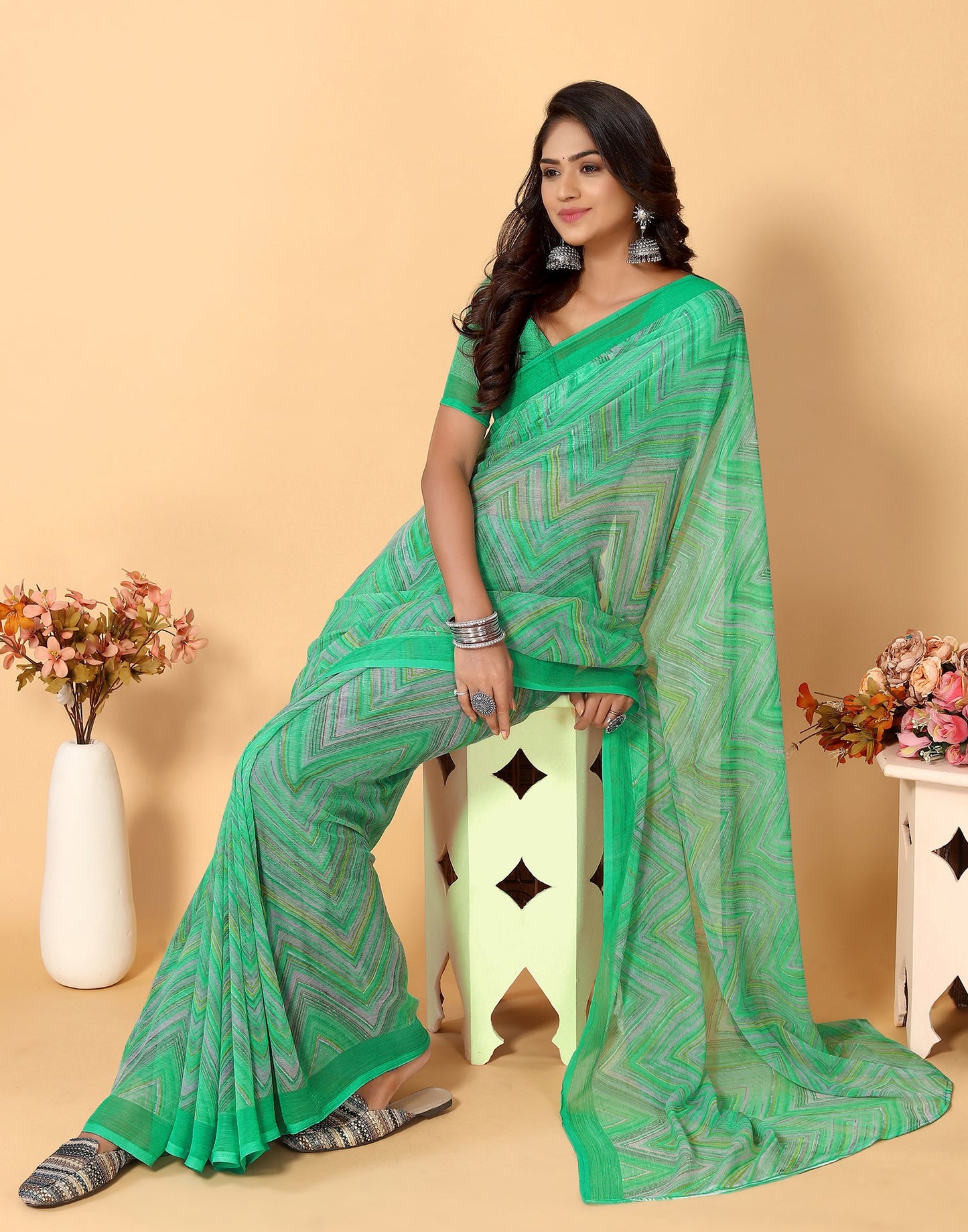 Green Chiffon Printed Saree