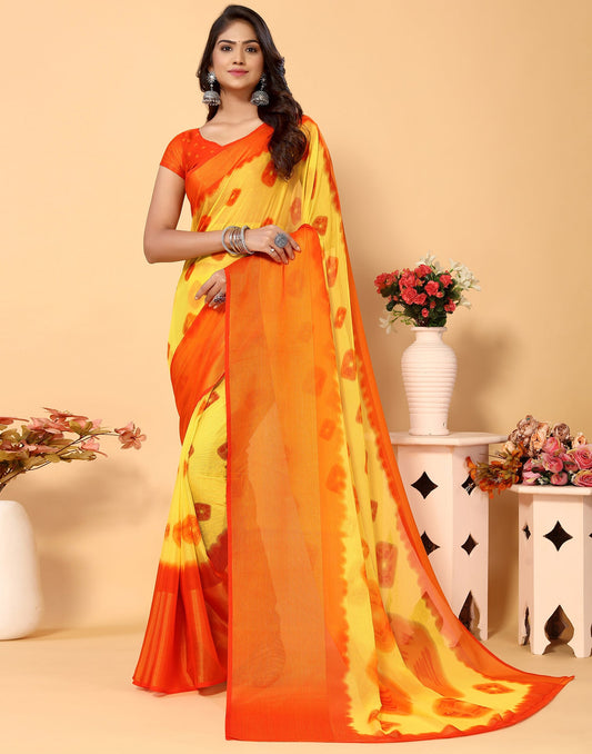 Yellow Chiffon Bandhani Printed Saree