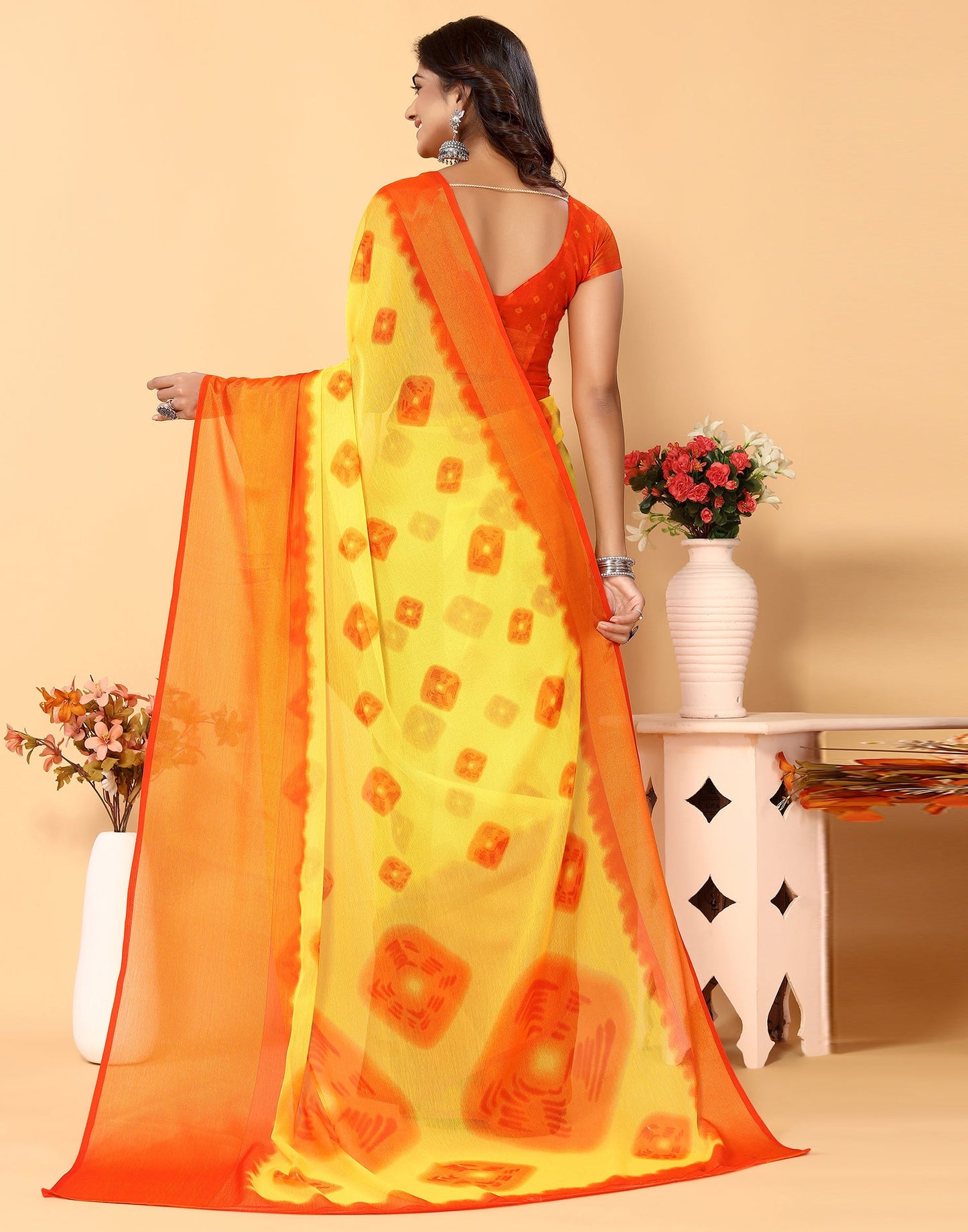 Yellow Chiffon Bandhani Printed Saree