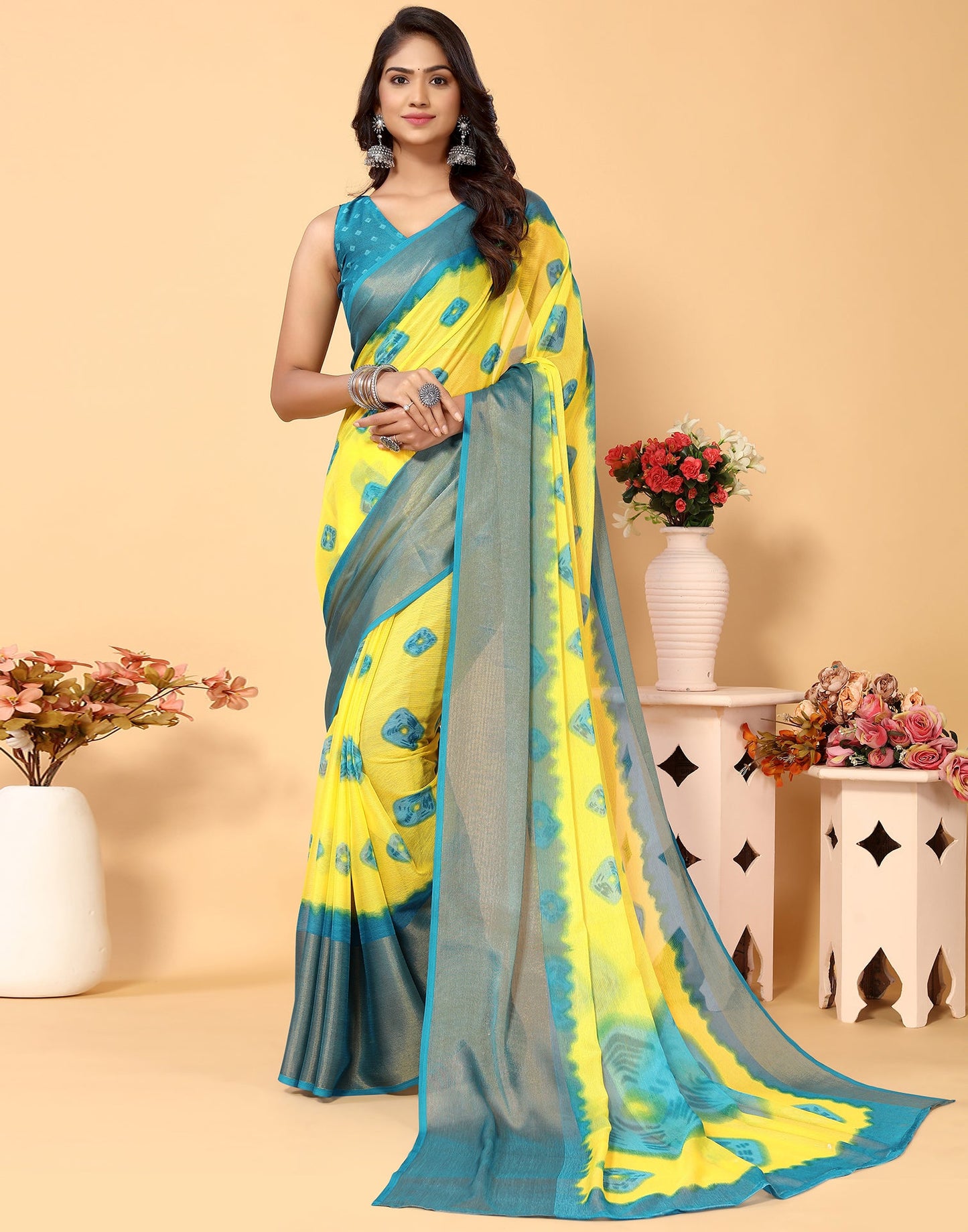 Yellow Chiffon Bandhani Printed Saree