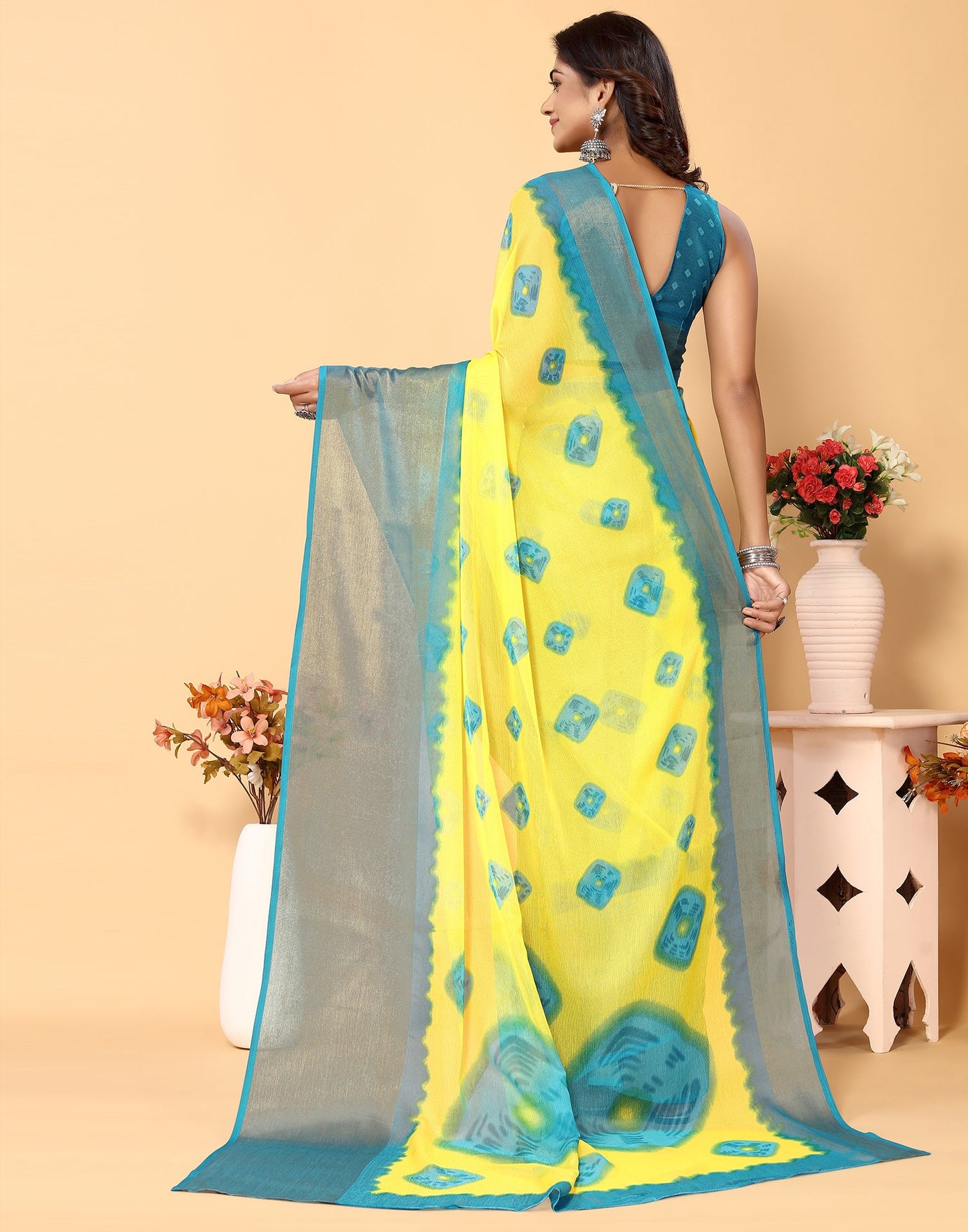 Yellow Chiffon Bandhani Printed Saree