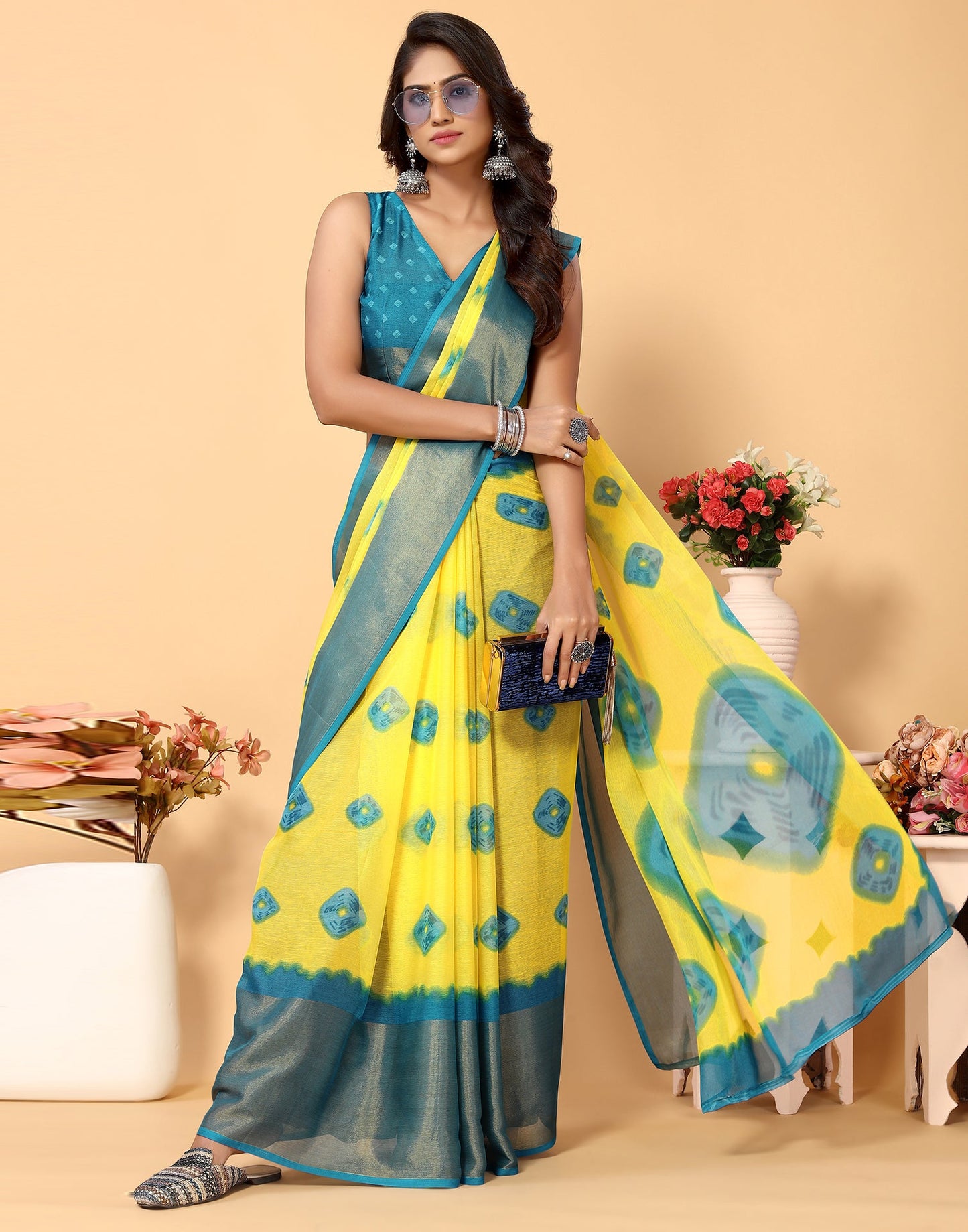 Yellow Chiffon Bandhani Printed Saree