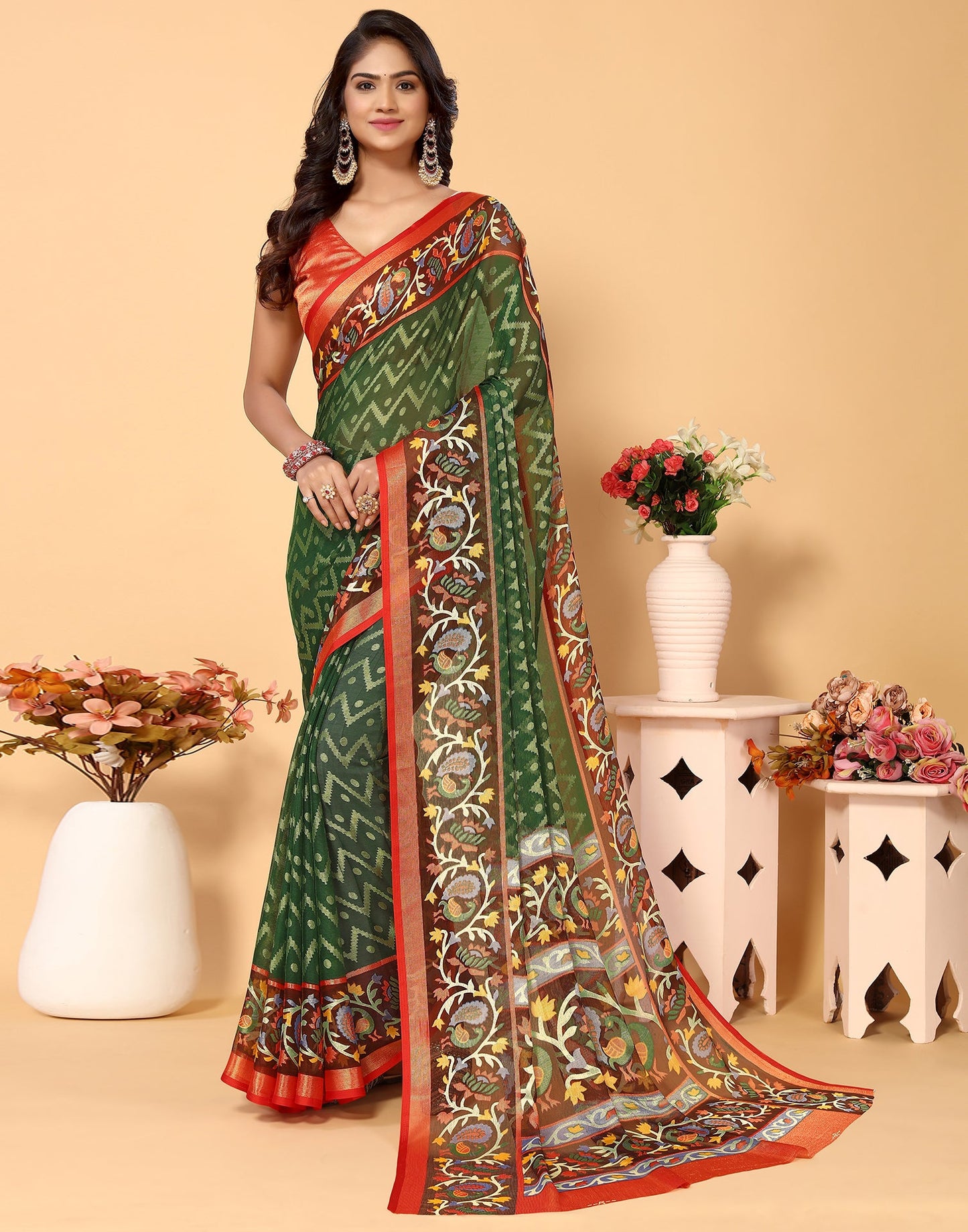 Green Brasso Self Woven Saree