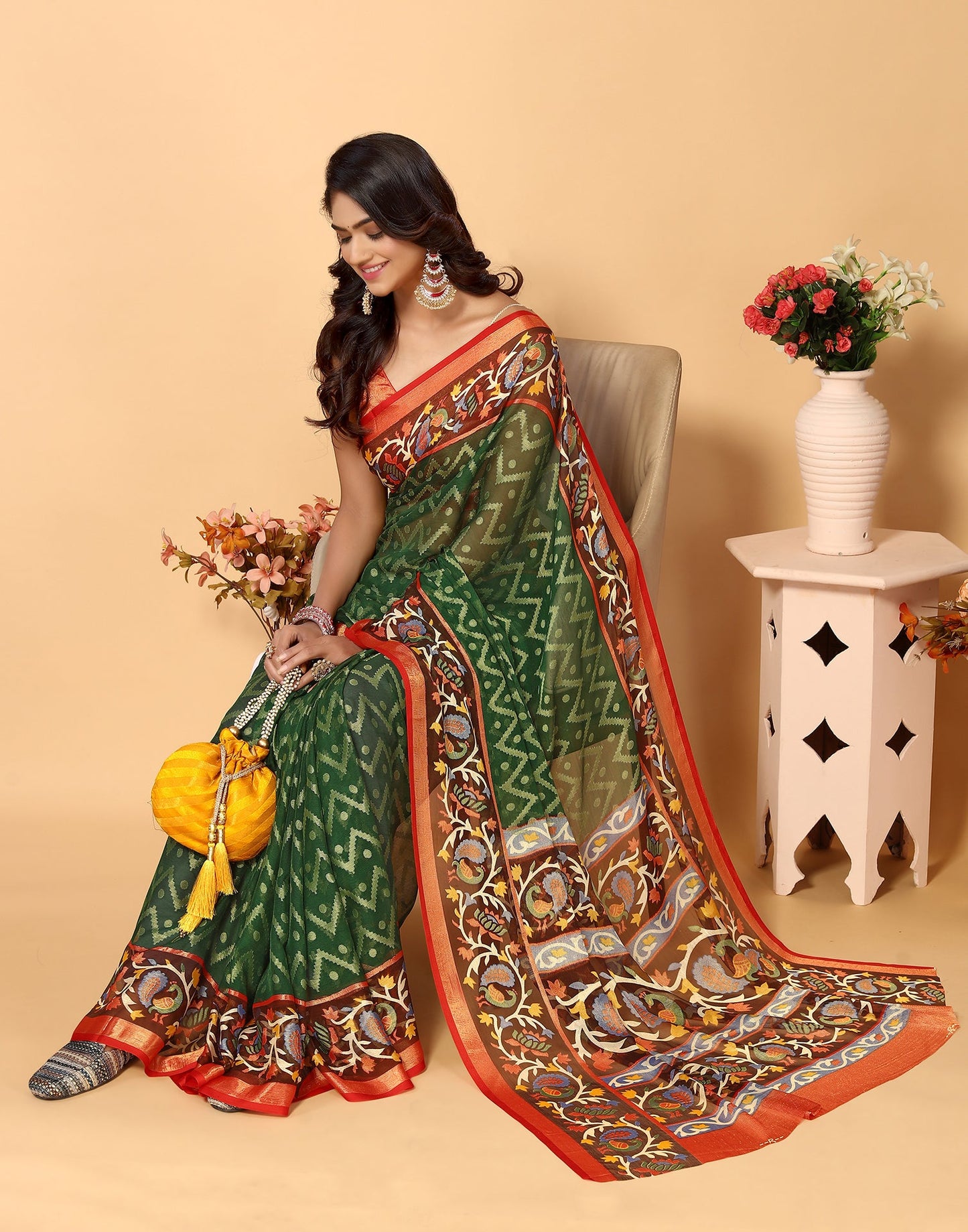 Green Brasso Self Woven Saree
