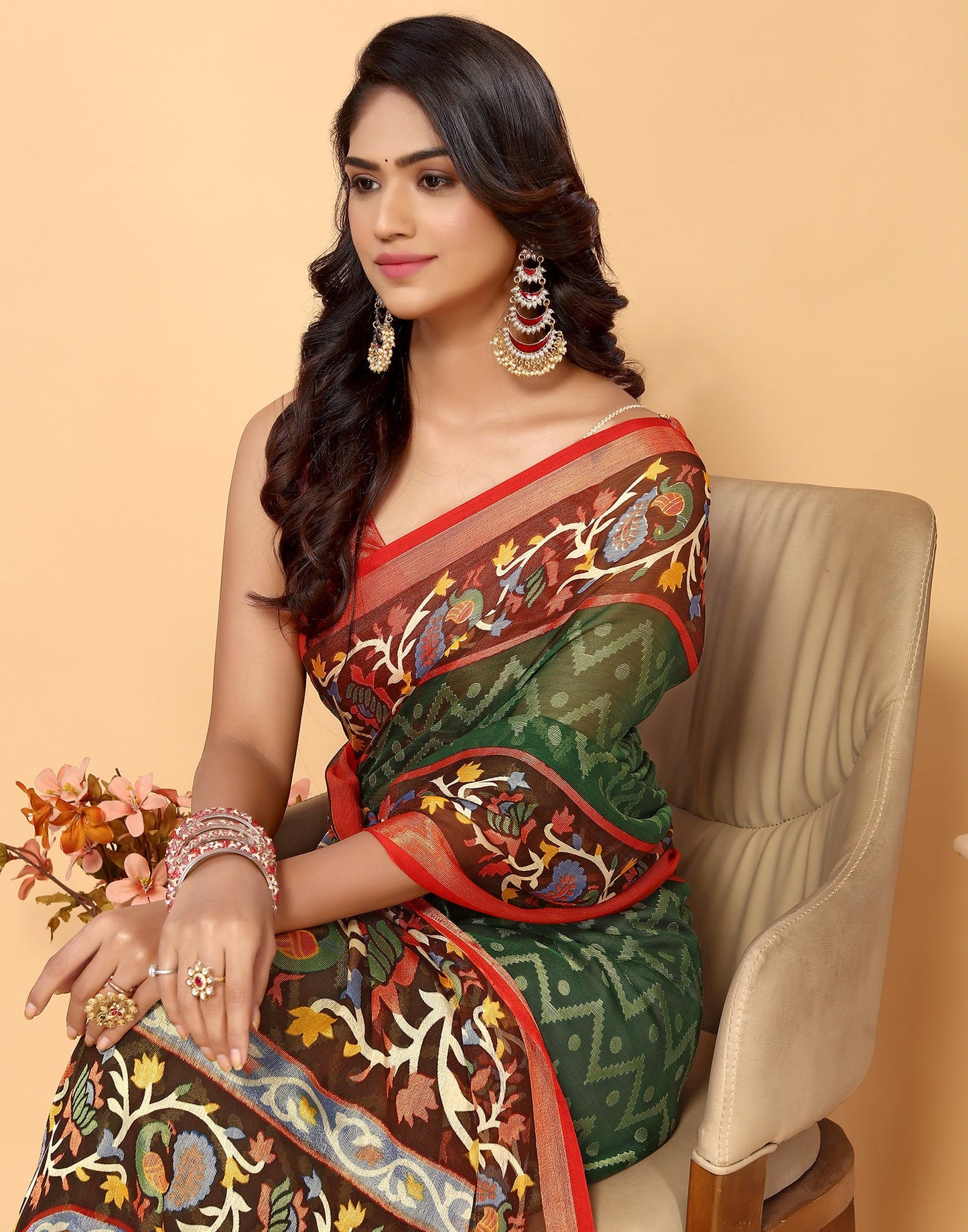 Green Brasso Self Woven Saree