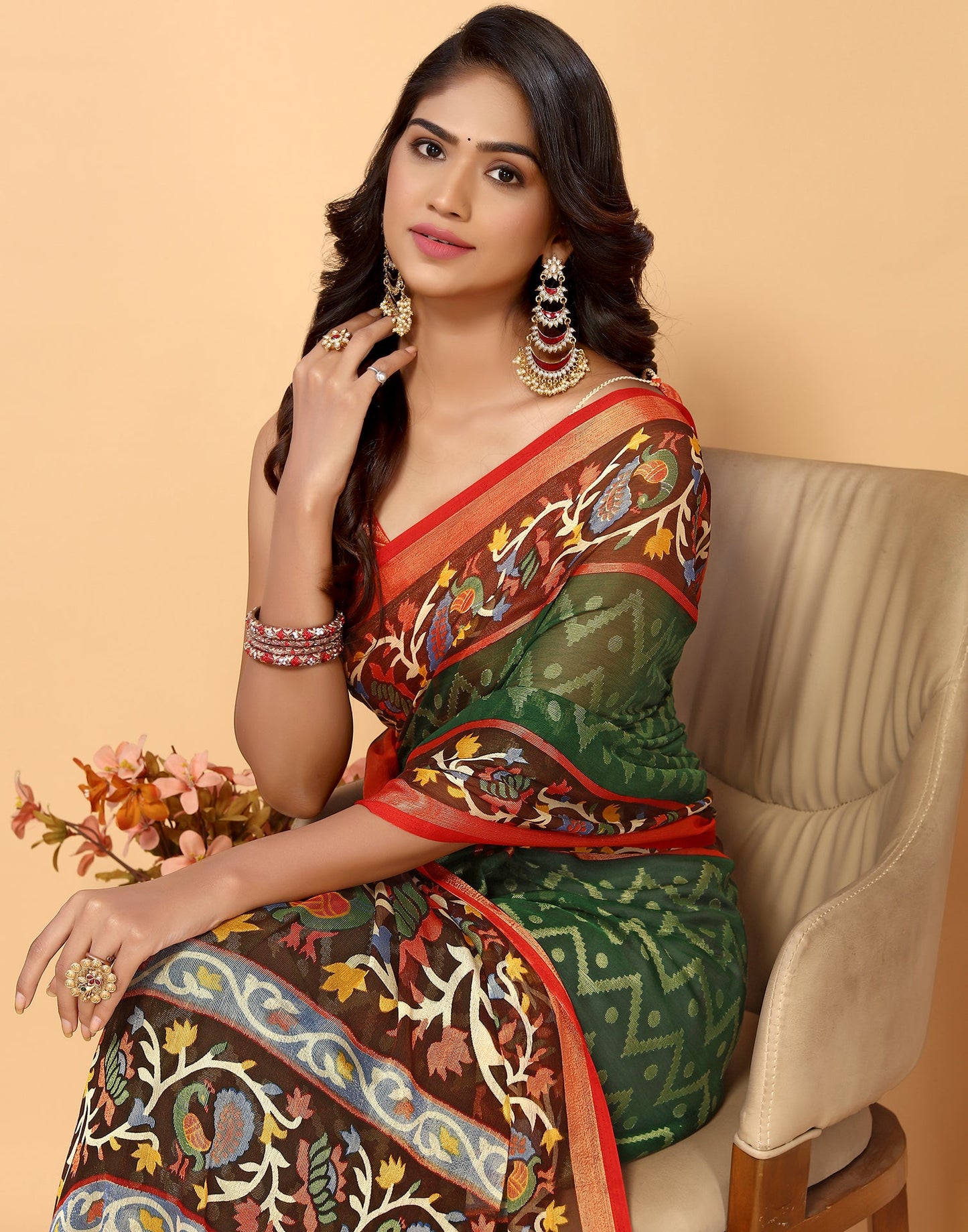 Green Brasso Self Woven Saree