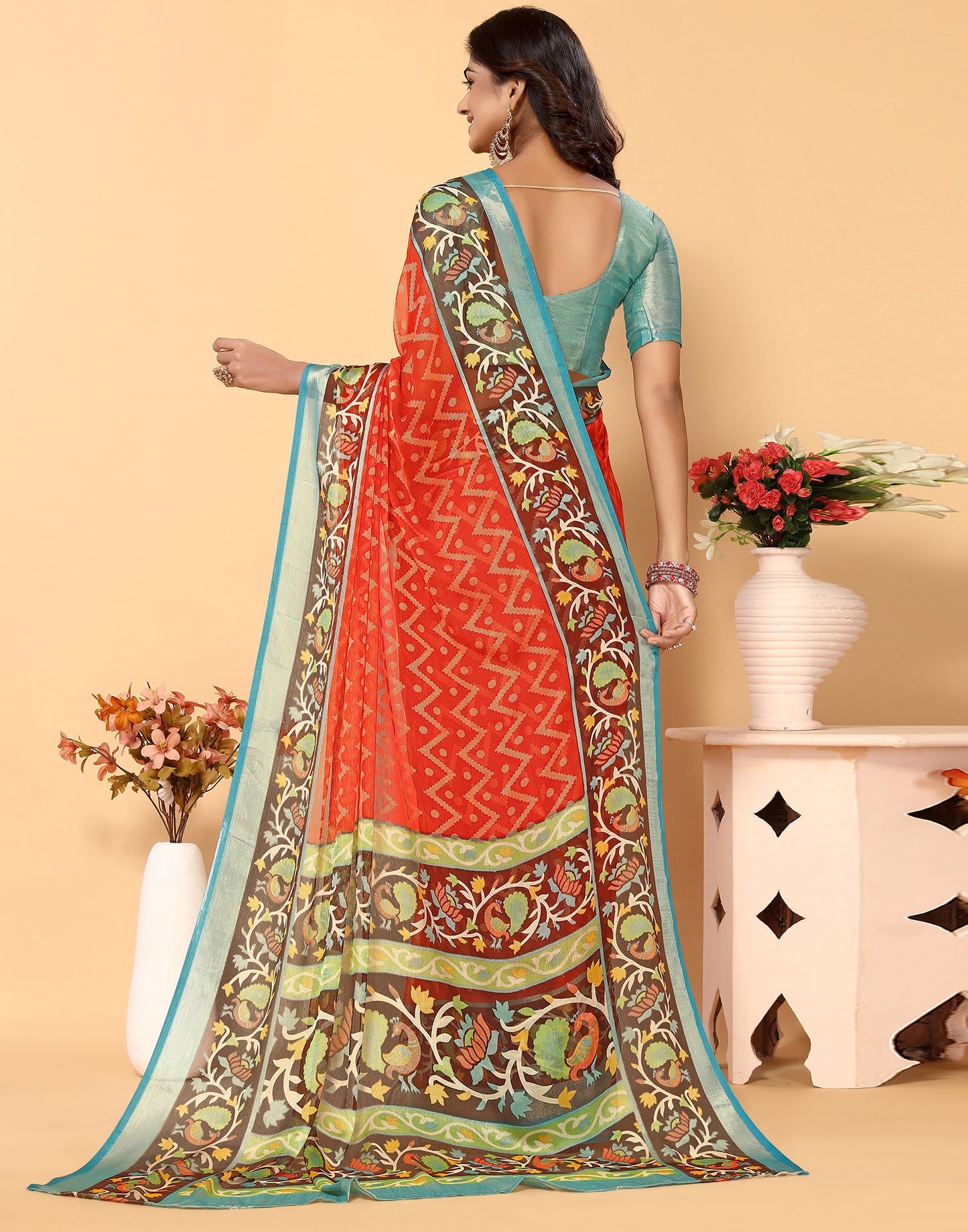 Red Brasso Self Woven Saree