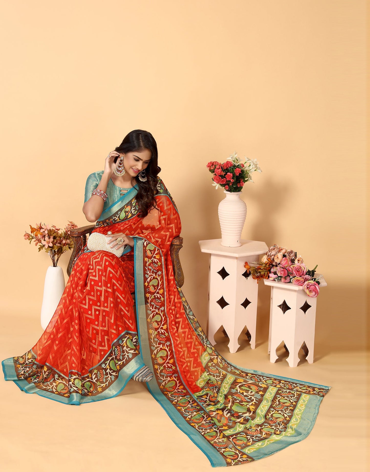 Red Brasso Self Woven Saree